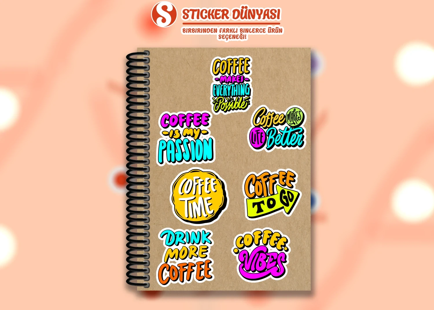 İngilizce Kahve Yazılı Neon Parlak Sticker Koleksiyonu (Coffee1) görsel 3
